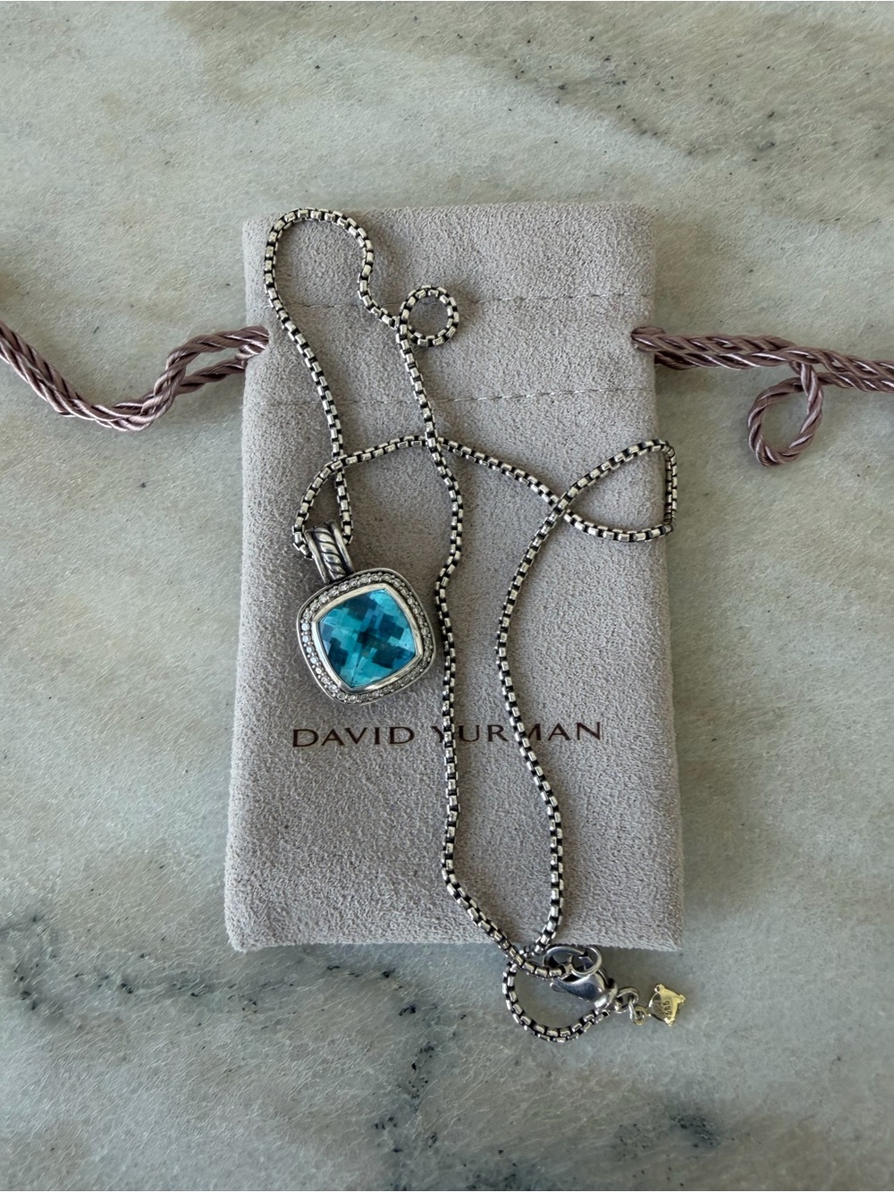David Yurman Silver Cable Pendant Necklace,Ring, Bracelet Set BlueTopaz/Diamonds - Picture 3 of 13